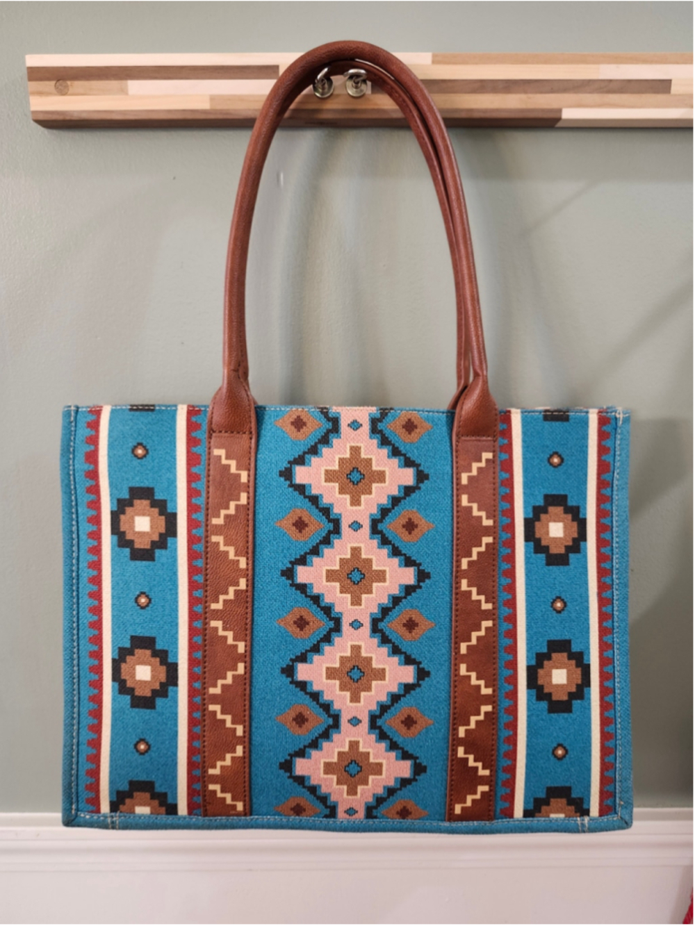 Women's Wrangler Tote Bag One Size Blue Brown Southwestern Pattern - Picture 9 of 15